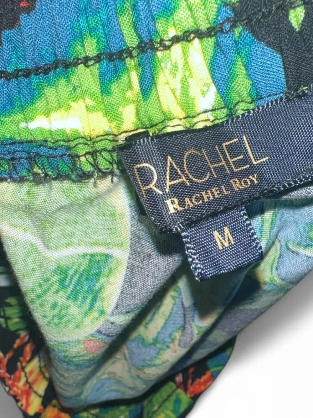 Rachael Roy Women's Green and Blue Tropical Print Mini Skirt with Ruffle Hem M
